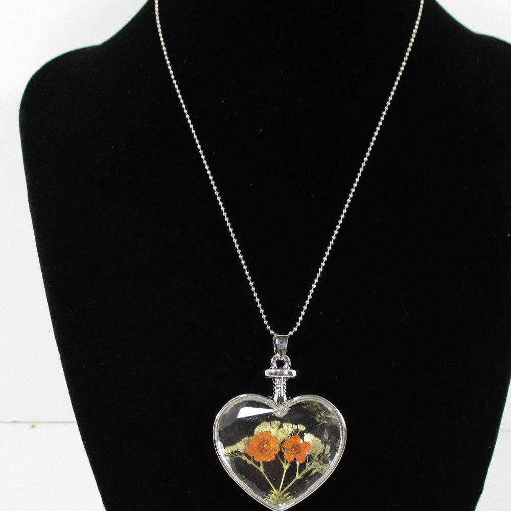 Glass Heart Pendant with Real Dried Flowers